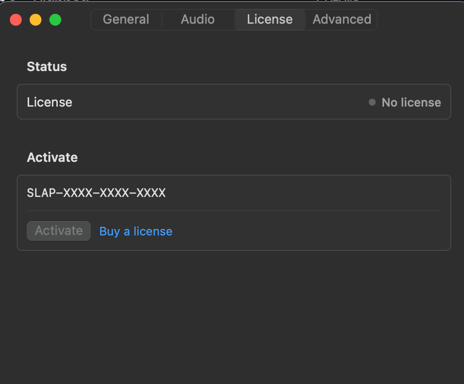 SlapRick Settings License tab showing license status row, key entry field with SLAP-XXXX-XXXX-XXXX placeholder, Activate button, and Buy a license link